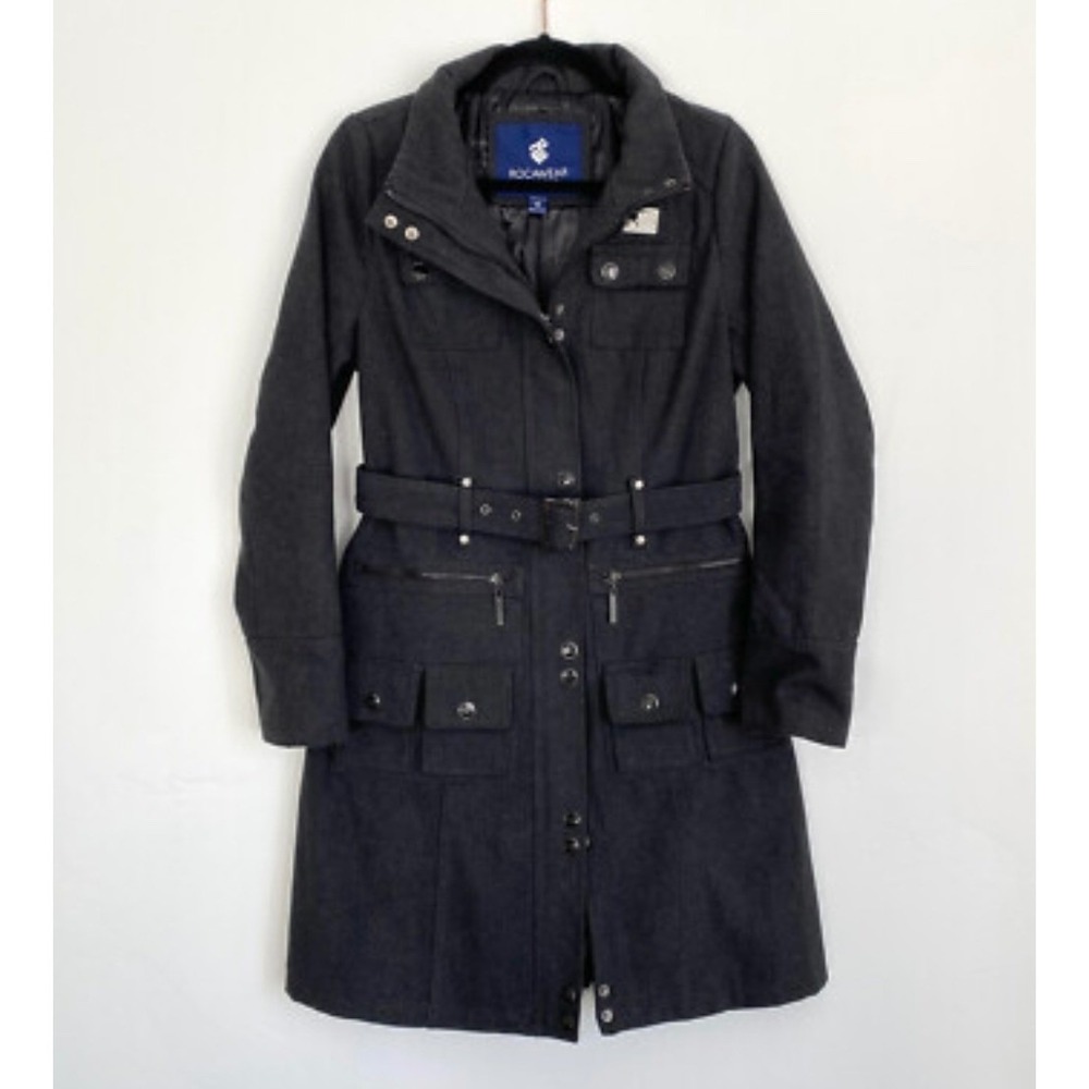 Rocawear Wool Blend Coat Women's 1X Vintage Y2K Belted Multi Pocket Streetwear